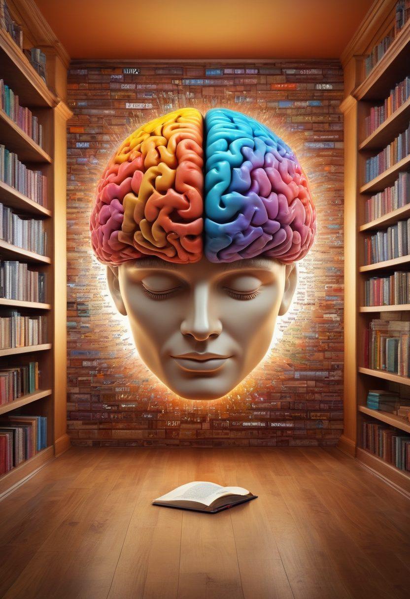 A vibrant brain composed of colorful words and phrases floating around it, symbolizing a rich lexicon. The background features bookshelves filled with linguistics and communication books, with a person joyfully discovering new vocabulary in a whimsical setting. Warm, inviting tones illuminate the scene, representing the transformative power of language. super-realistic. vibrant colors. whimsical background.