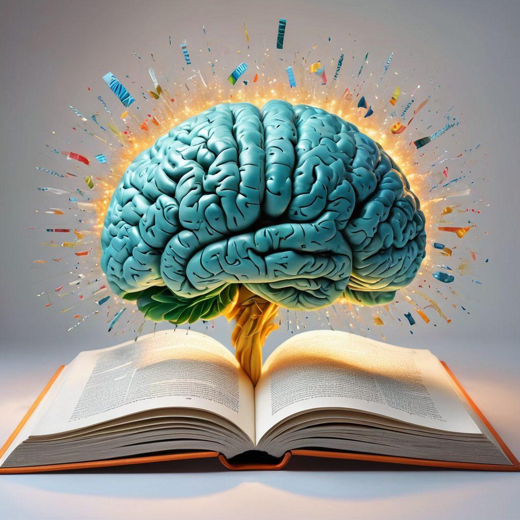 A captivating open book with pages transforming into colorful letters and words swirling around, symbolizing the expansion of vocabulary. The backdrop features an abstract brain filled with vibrant inspirations and creativity, surrounded by bright light beams representing knowledge. The color scheme should be lively and engaging, highlighting various shades of blue, green, and yellow. super-realistic. vibrant colors. white background.