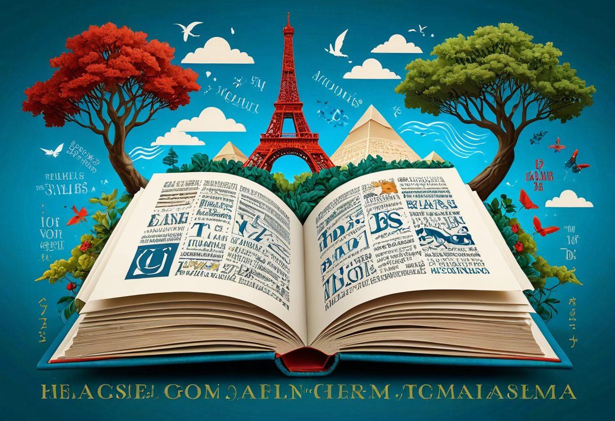 A whimsical illustration of a giant open book, surrounded by floating letters from A to Z, accompanied by roots and branches symbolizing the evolution of language. The background features landmarks representing different cultures, showcasing their unique words. A playful color palette adds vibrancy, inviting exploration into word origins. illustration. vibrant colors. fantasy style.